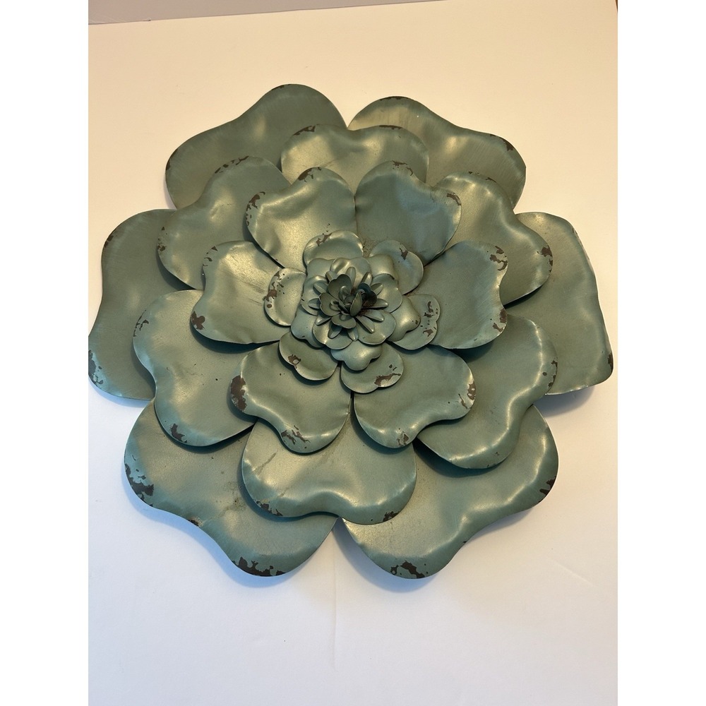 3D METAL ART WALL HANGING Teal Flower LARGE 16"X16" Rustic